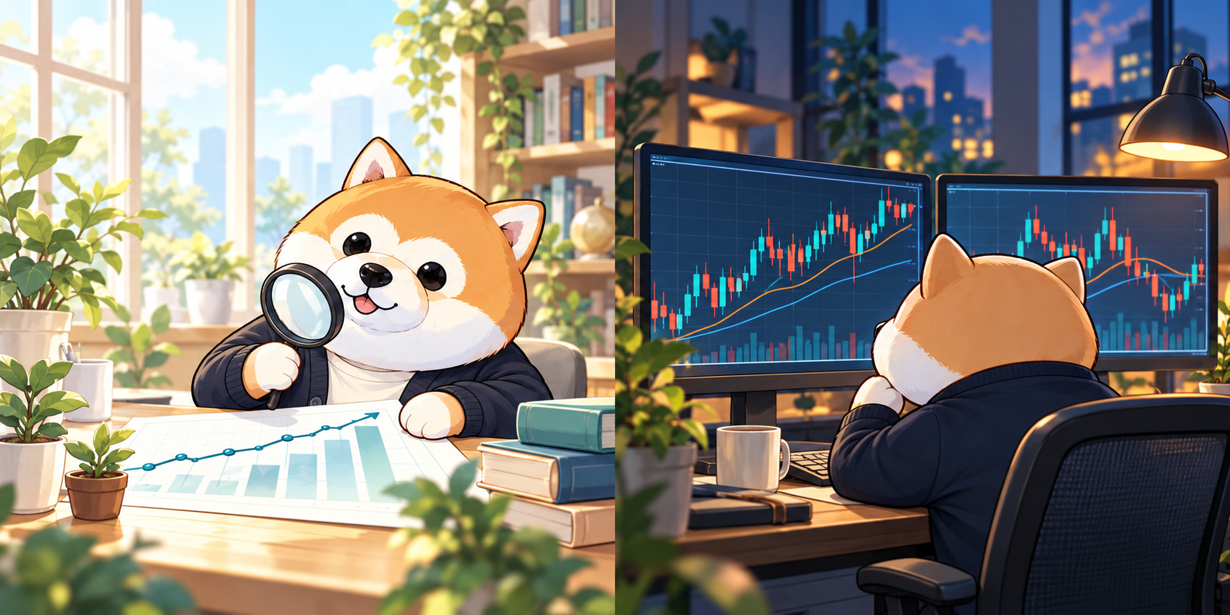 企業分析をする柴犬研究員