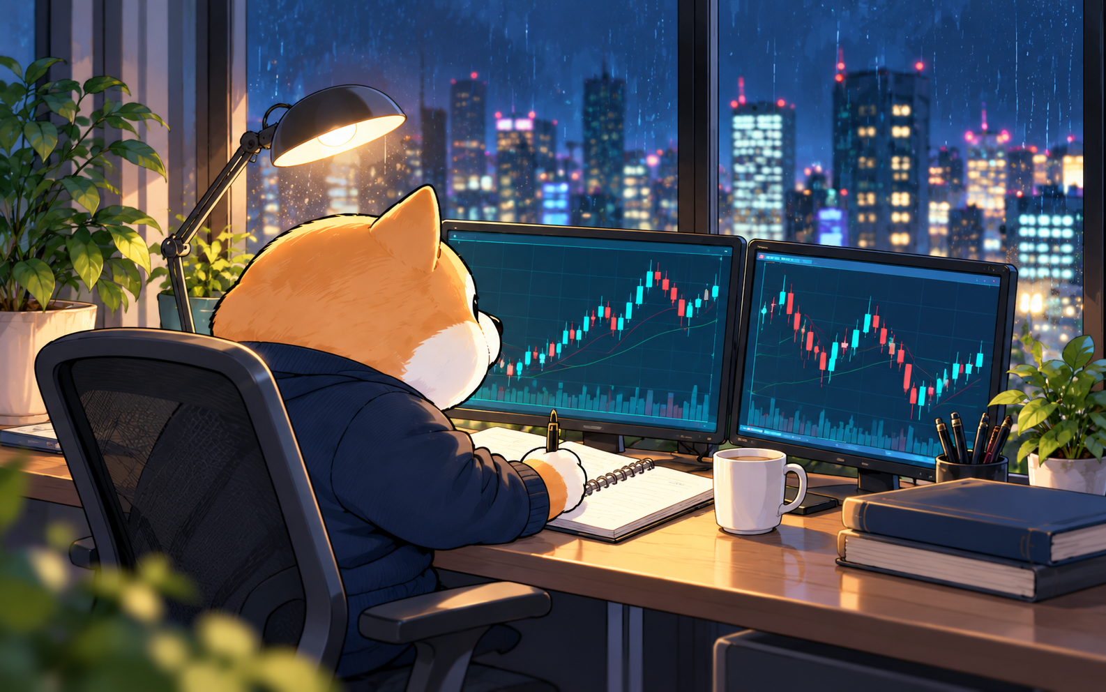 夜のトレードルームでドル円相場を観測する柴犬の研究員