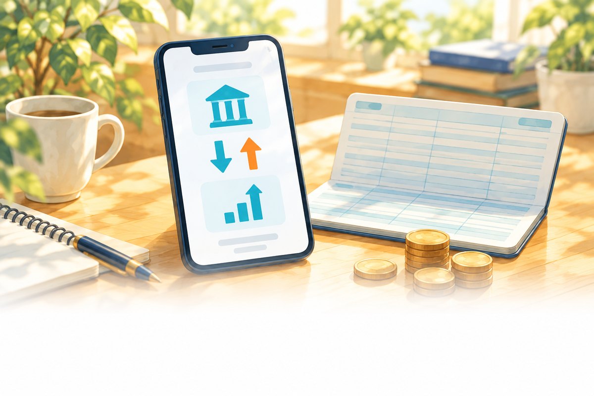 スマートフォンと通帳で入出金を表したイラスト