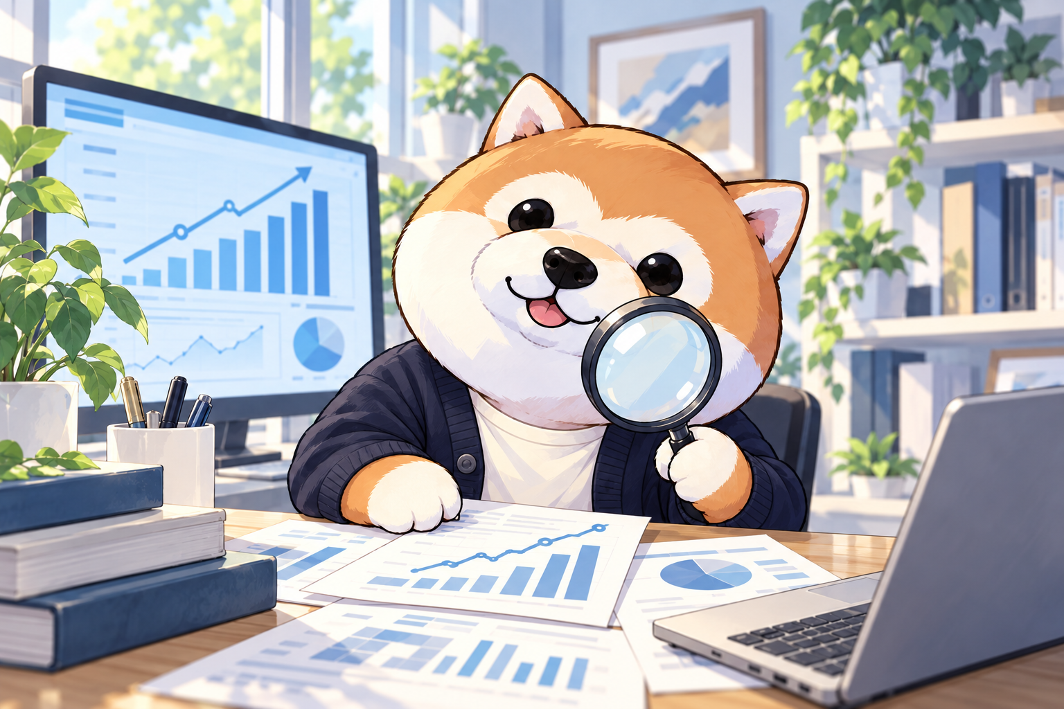 企業分析をする柴犬の研究員
